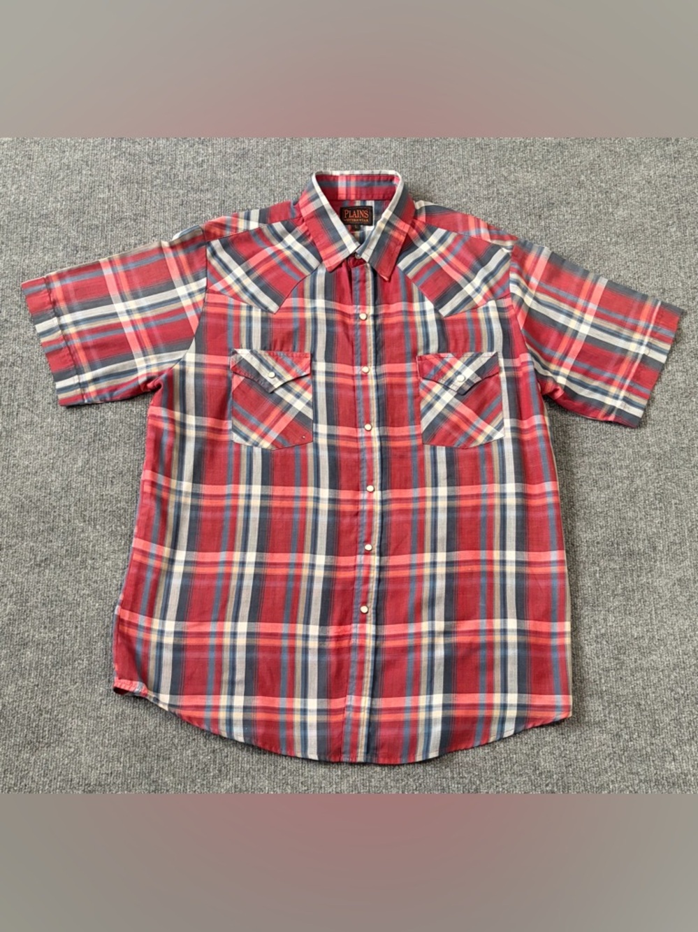 Plains Western Wear Shirt Mens Large Red Plaid Pearl Snap Western Short Sleeve